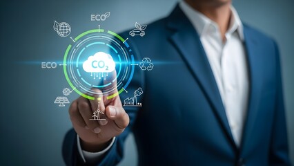 Close-up of a man in a blue suit interacting with a digital eco-friendly interface on his finger with icons and graphics on a gray background.