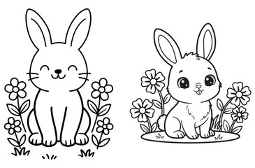 Cute Bunny Coloring Pages with Flowers – Kids Friendly Line Art IllustrationsCute Bunny Coloring Pages with Flowers – Kids Friendly Line Art Illustrations