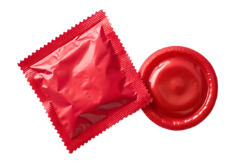 Red Condom with Foil Wrapper Packet Unrolled Reservoir Tip Isolated White Background