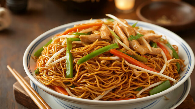 A close-up photograph of freshly prepared chow mein noodles served in a traditional white ceramic bowl with blue trim. The golden-brown wheat noodles are perfectly stir-fried and mixed with vibrant ju