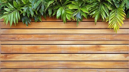 Lush green foliage hangs above a horizontal planked wooden wall with sleek lines