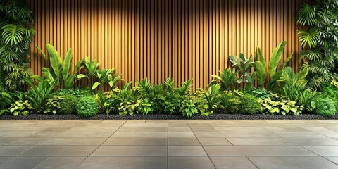 Lush greenery against a wood slat wall and stone floor