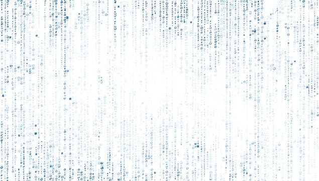 Abstract blue pixel streams cascade on white, creating a soft, ethereal, vertical gradient
