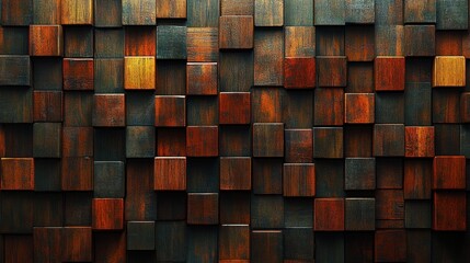 Mosaic of textured wooden blocks, warm browns and cool blues contrasting shades
