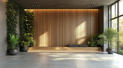 Modern room with wood wall, plants, grey floor and sunlit window. Peaceful, natural aesthetic