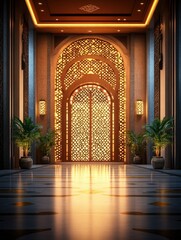 Ornate, arched entrance illuminated with golden light and plant accents
