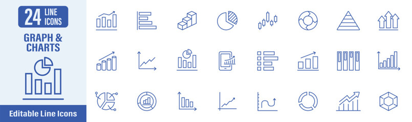 Obraz premium Graph and Charts web icons in line style. Contains icons as graph, charts, diagram, statistics, analytics, data and more. Vector illustration.