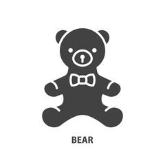 Teddy bear glyph icon. Sitting plush toy with bow vector symbol.
