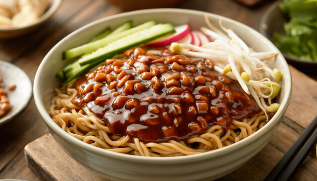A close-up photograph of a steaming bowl of Beijing Zhajiang mian noodles, showcasing thick wheat noodles topped with glossy, dark brown fermented bean sauce. The rich sauce is studded with finely dic