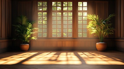 Sunlit room with paneled walls, potted plants and sunbeams crossing floor