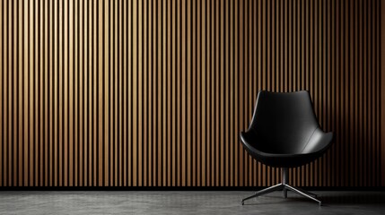 Sleek black chair sits against a modern wooden slat wall on a gray floor