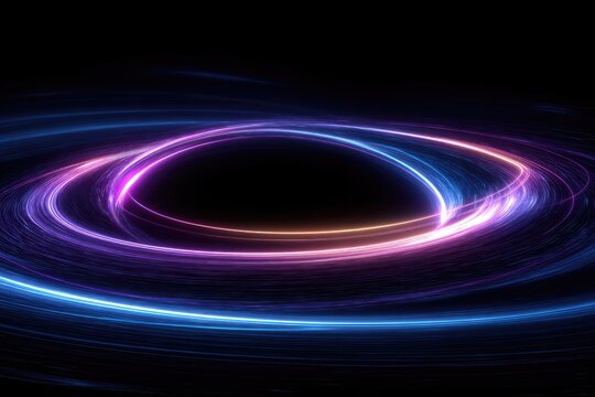 An oval of luminous rings in blue, purple, and gold creates a mesmerizing abstract swirl against a black background