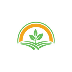 Agriculture logo with an image of a field and crops within a sunrise horizon curve