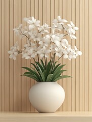 Vase of white flowers against vertical wooden panels, simple elegance