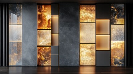 Wall paneling featuring various textures and illumination