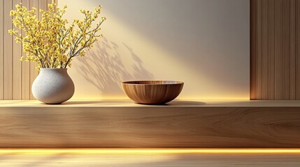 Warm interior scene with yellow flowers, wood bowl, and neutral tones on a shelf