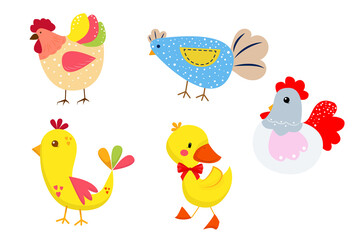 A collection of cartoon farm birds including chickens, a rooster and a duckling in bright, cheerful colors on a white background.