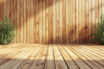 Wood paneled scene w/ deck, foliage, & dappled sunlight