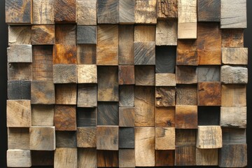 Wooden cube mosaic wall art, featuring rustic textures, varying colors, and dimensional relief