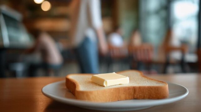 A slice of toast topped with a pat of butter, sitting on a white plate in a cafe. The background is blurred, showing a person. 