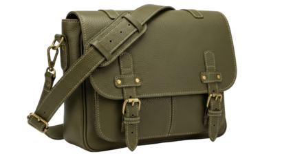 Isolated olive green leather satchel shoulder bag for men and women is on sale online