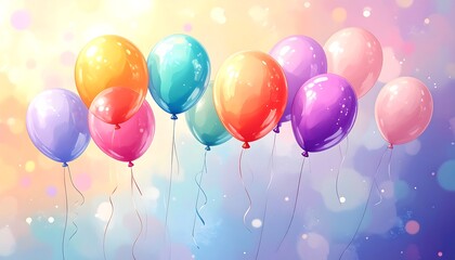 Colorful cartoon balloons against a blurred, pastel background