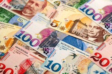 Georgian Lari currency money bills in heap. GEL currency banknotes with different denomination close up