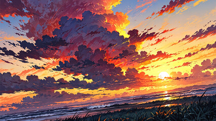 A colorful sunset glows over the ocean, with bright clouds and golden light shining on the waves