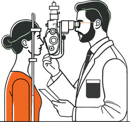 Optometrist examining patient's eyes with equipment