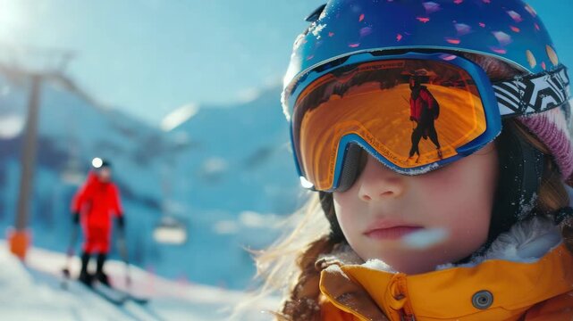 A young girl wearing a ski helmet and goggles, standing on a snow-covered slope with a mountainous background.