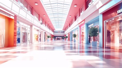 Holiday shopping season. Retail business promotion concept. A vivid, modern shopping mall corridor with a striking red and white color scheme. The architecture is contemporary.