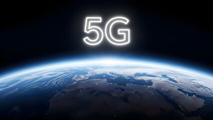 Glowing 5G logo displayed above a curved view of Earth from space with a dark background and blue atmosphere.