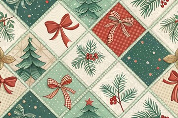 Seamless Vintage Christmas Patchwork Pattern with Trees, Ribbons, and Holly Berries. christmas seamless pattern