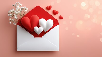 Love letter concept with red and white hearts, baby s breath flowers in an open envelope on a pink background with bokeh