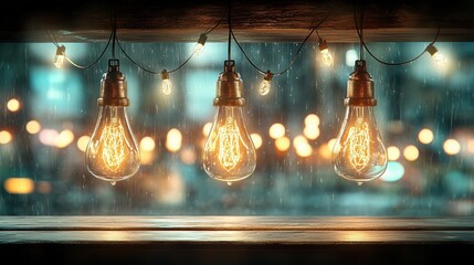 Warm Edison Bulbs Hanging Over Wooden Table on a Rainy Night with City Lights Bokeh