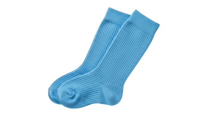 Isolated pair of light blue ribbed socks, a hosiery product made from soft cotton material