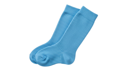 Isolated pair of light blue ribbed socks, a hosiery product made from soft cotton material