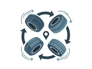Flat vector illustration of car tire rotation procedure diagram with location pin.