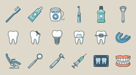 Flat line icons set illustrating comprehensive dental care, hygiene, treatments, and clinic equipment.