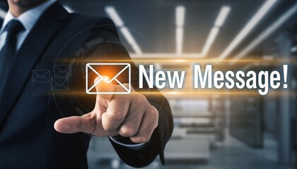 Businessman's finger touches a glowing email icon, displaying 'New Message!' with a blurred office background, concept for business communication, digital marketing and technology.