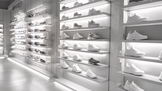 Holiday shopping season. Retail business promotion concept. A modern retail store interior with white sneakers on display. The stores interior is illuminated by overhead lighting.
