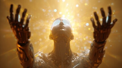 Futuristic Robot with Glowing Bright Head and Outstretched Arms Surrounded by Golden Light and Sparkles