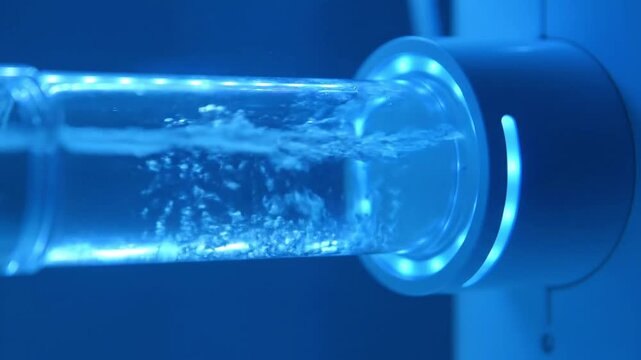 Close-up of water flowing through a transparent pipe with blue light, creating bubbles and a dynamic liquid movement.