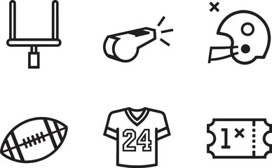 A comprehensive collection of outlined American football icons, including goalposts, whistle, helmet, ball, jersey, and game ticket. Perfect for sports graphics, web design, or mobile applications.