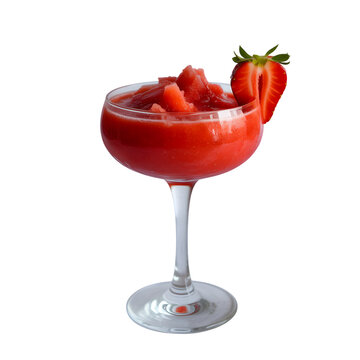 Strawberry Frozen Cocktail Slushie in Coupe Glass with Sliced Garnish, Isolated on transparent background