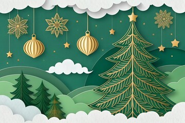 Paper Cut Style Christmas Background with Golden Tree, Ornaments, and Green Hills. set of christmas banners