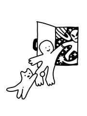 Cat and human peek into cosmic portal, alien surprise!