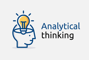 Conceptual illustration depicting analytical thinking with a glowing lightbulb inside a human head outline, symbolizing ideas and problem-solving.