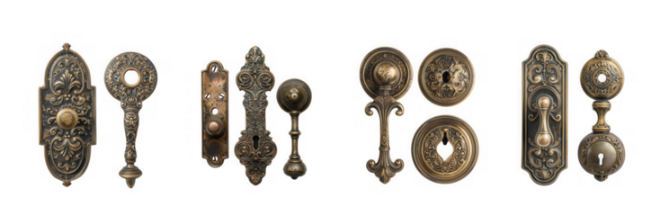 Collection of antique ornate brass door hardware escutcheons and knobs isolated on transparent background