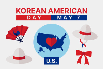 Illustration celebrating Korean American Day on May 7th, featuring cultural symbols and a map of the United States with a heart.